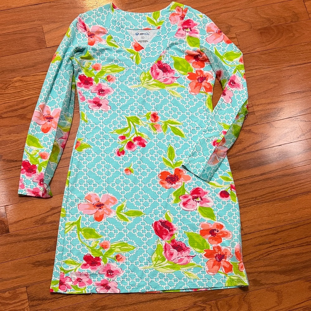 IBKUL Floral Long Sleeve Dress - Aqua, Pink, Green